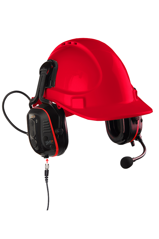 The Sensear SM1P02 Intrinsically Safe (C1/D1) Series headset is a red safety helmet with an attached black and red earmuff-style noise-canceling headset, featuring a microphone and cable connection.