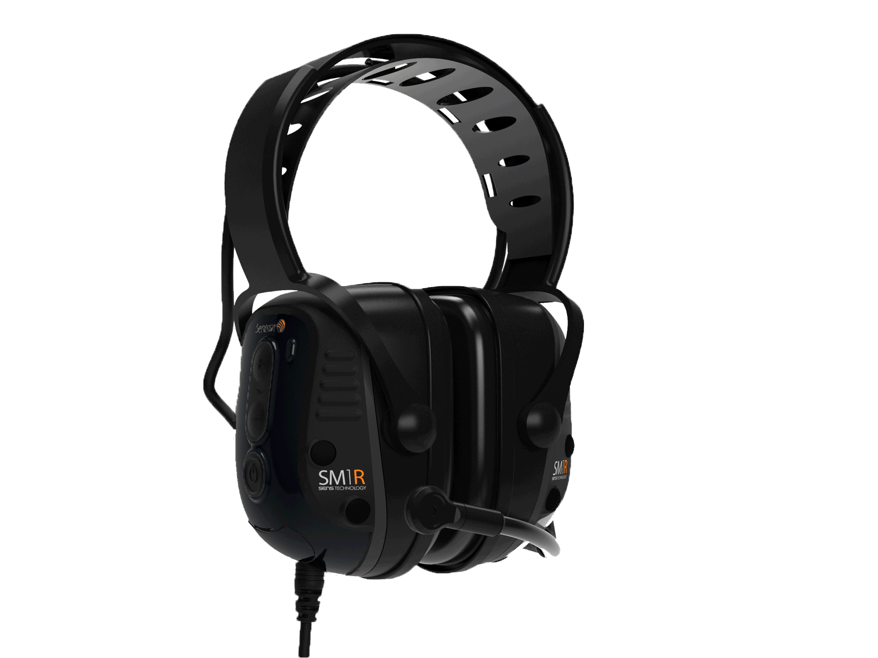The Sensear SM1R Intrinsically Safe (C1/D1) Series is a black over-ear headset with a noise-canceling boom mic, adjustable headband, and "SM1R" branding—designed for clear two-way radio communication.