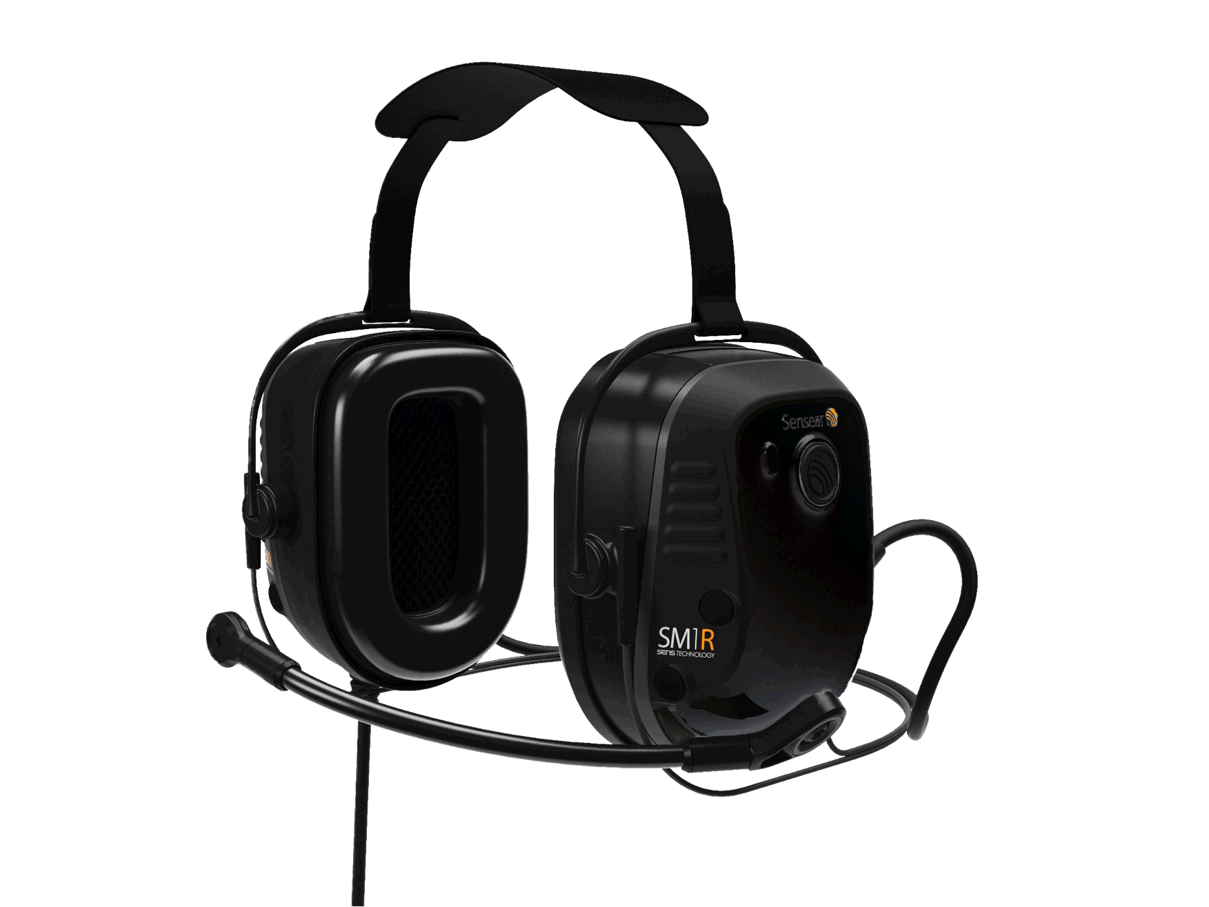 The Sensear SM1R Intrinsically Safe (C1/D1) Series Two-Way Radio Headset is a black over-ear model with an attached noise-canceling boom mic and headband, designed for professional audio and communication, shown on a plain white background.