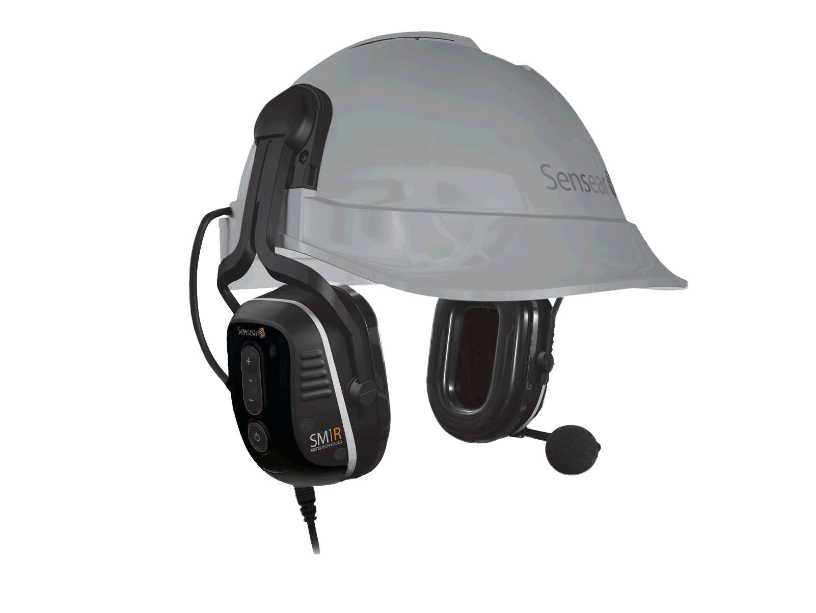 The Sensear SM1R Intrinsically Safe (C1/D1) Series headset is a gray safety helmet with an attached black over-ear, noise-canceling boom mic and visible buttons for two-way radio communication.