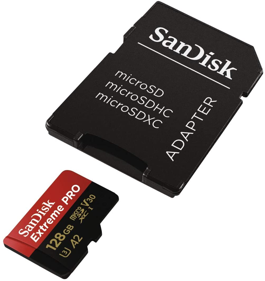A SanDisk Extreme Pro SDXC UHS-I U3 A2 V30 128GB (SDSQXCY-128G-GN6MA) and its adapter are displayed on a white background.
