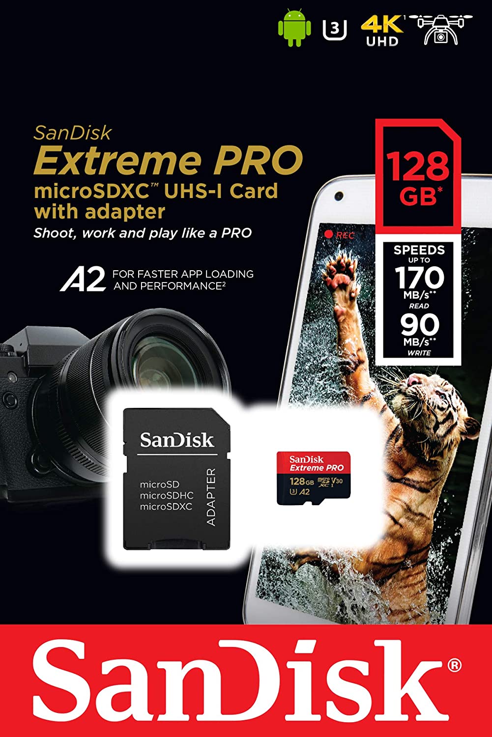 SanDisk Extreme Pro SDXC UHS-I U3 A2 V30 128GB + Adapter (SDSQXCY-128G-GN6MA) shown with speed specs, a camera, and a smartphone capturing action.