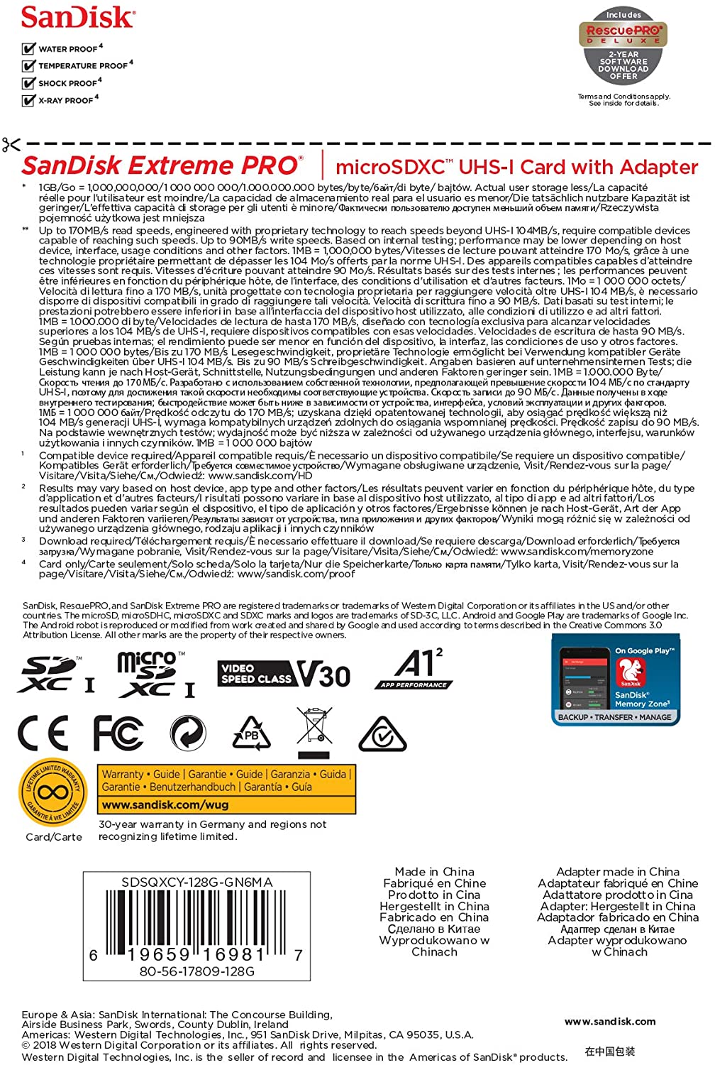 Back of SanDisk Extreme Pro SDXC UHS-I U3 A2 V30 128GB + Adapter (SDSQXCY-128G-GN6MA) packaging, showing product details, specs, warranty info, barcode, and an image of the included SD adapter.