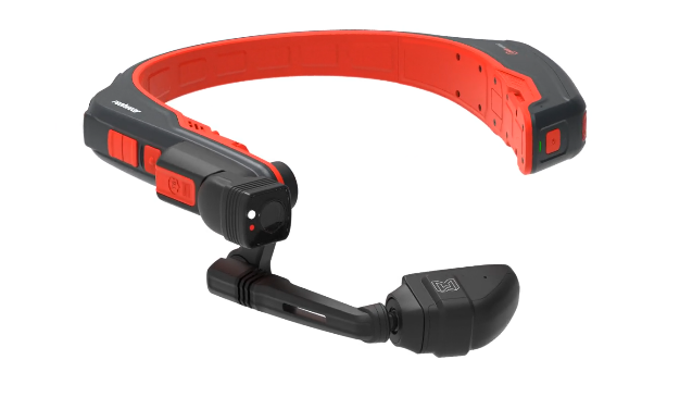 The RealWear Navigator Z1 with Thermal Camera is a red and black wearable headset with a flexible microphone arm, designed for hands-free communication in ATEX Zone 1 environments.