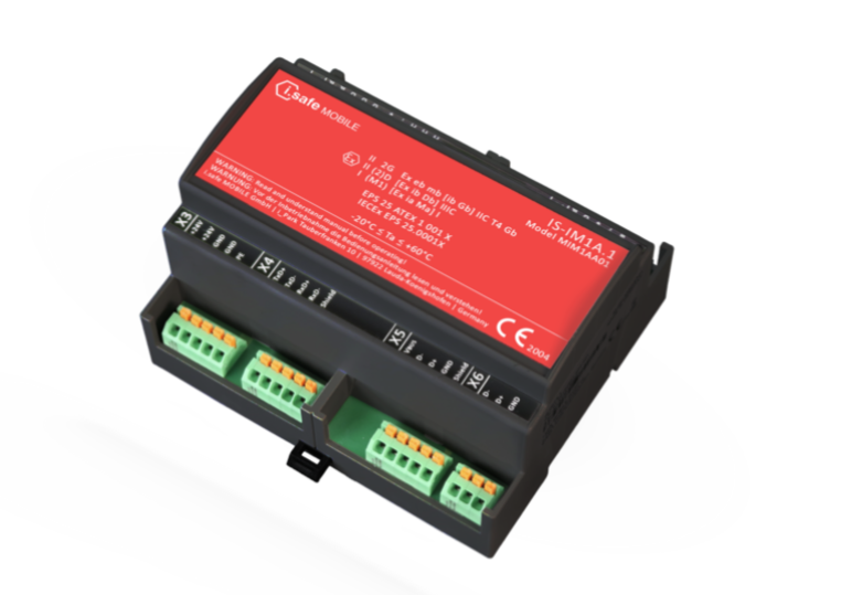 The i.safe MOBILE IS-MOP1A.1 Mobile Operator Panel features a black industrial-grade enclosure with a red label, several green and orange terminal blocks for wiring connections, and white technical markings on the label. Designed for use in explosive atmospheres, this panel is compatible with Ex-rated peripherals—including the IS940.1 Intrinsically Safe (C1/D1) Android Tablet—to ensure safe operation in hazardous environments.
