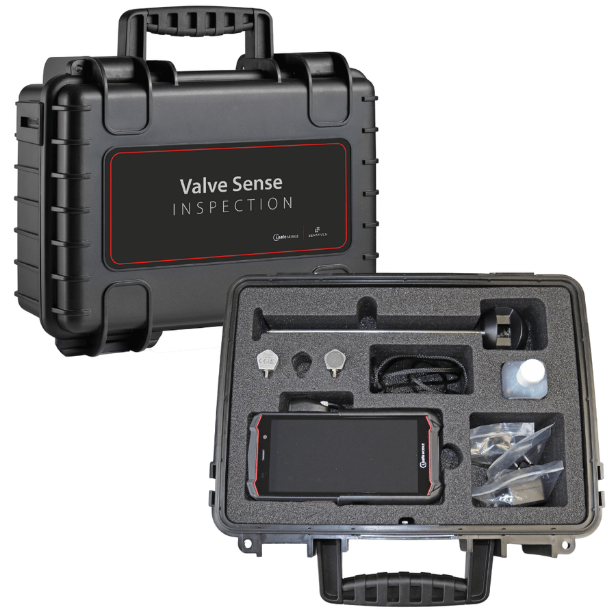 A black hard case labeled "i.safe MOBILE IS-VS1A.1 Intrinsically Safe (C1/D1) Valve Sense Mobile Inspection System" is shown closed and open, with inspection tools and an acoustic emission leakage detector arranged in foam compartments.