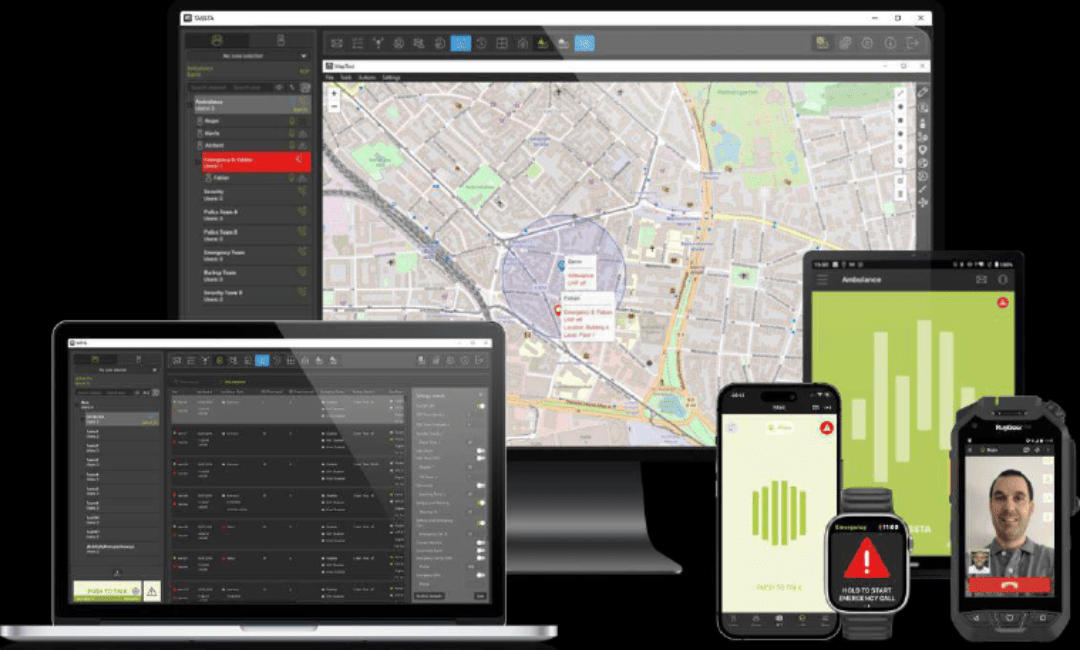 A desktop, laptop, tablet, and three smartphones display TASSTA's public safety communication and mapping software, featuring Mission Critical Push-to-Talk (MCPTT) capabilities.