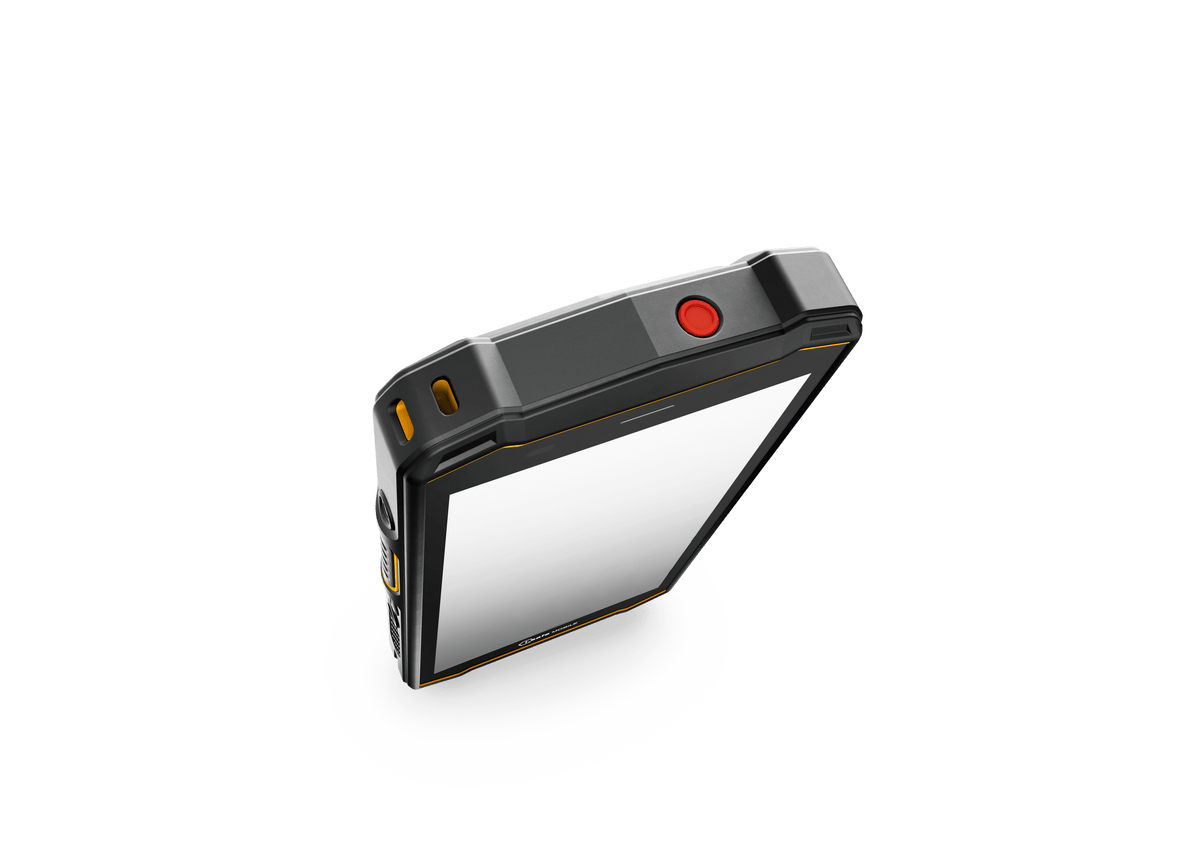 The i.safe MOBILE IS540.RG Rugged 5G Smartphone features a black frame, yellow accents, a red circular button on the top edge, and is compatible with Verizon Network and CBRS private cellular.