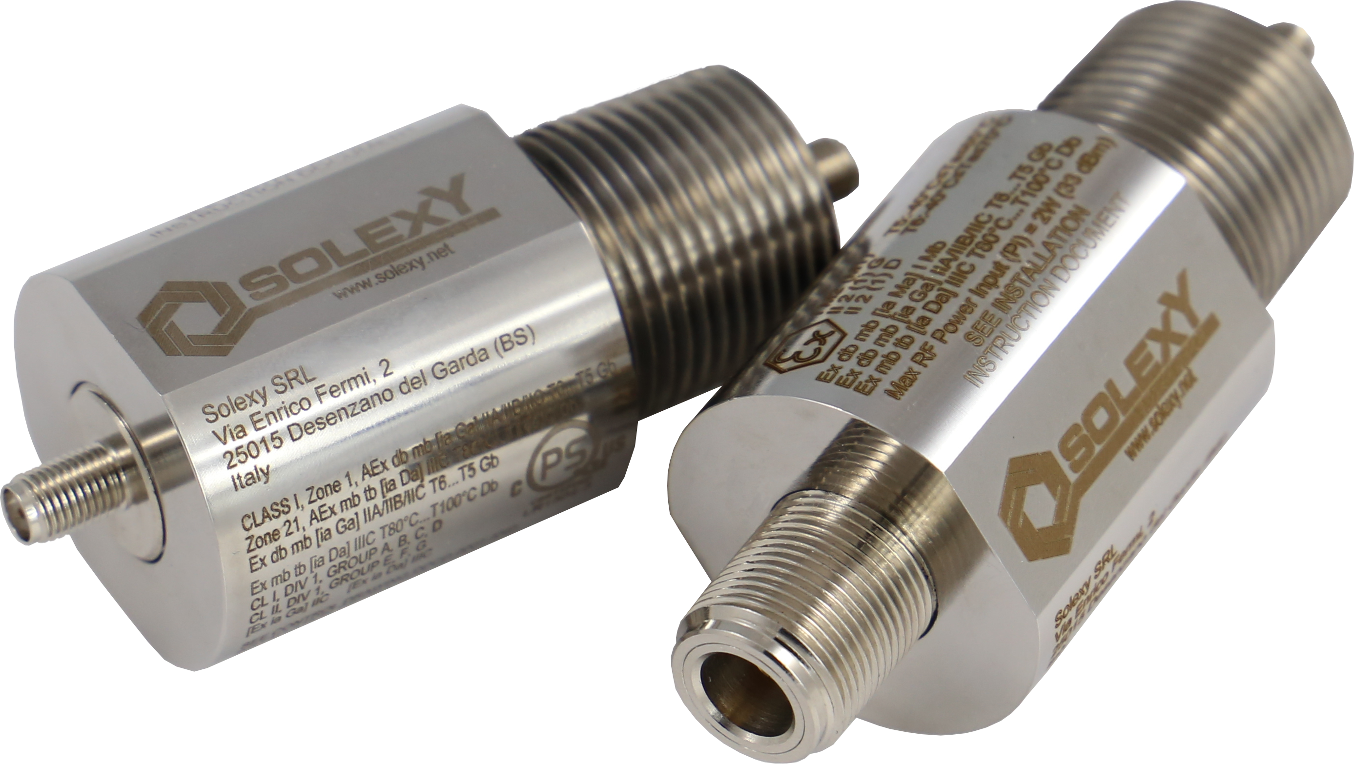 The Solexy Antenna Coupler UX Series features a cylindrical stainless steel design with threaded connectors on both ends and is engineered for environmental protection and reliable technical performance.