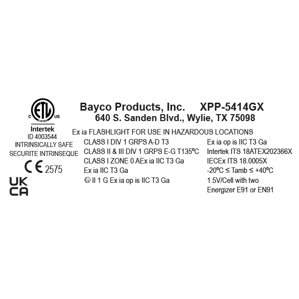 The Nightstick XPP-5414GX-K01 Dual-Light™ Flashlight w/Tail Magnet and Multi-Angle Mount label details certifications, safety ratings, address, and battery info—engineered as an Intrinsically Safe Flashlight for hazardous environments.