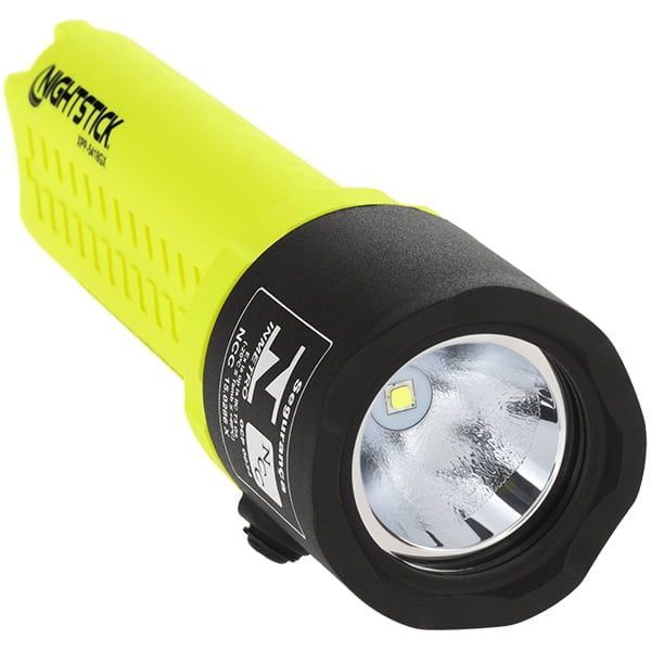 The Nightstick XPP-5418GX Intrinsically Safe Flashlight is a yellow and black LED flashlight with a textured grip and single LED bulb, shown from an angled top view, ideal for hazardous environments.