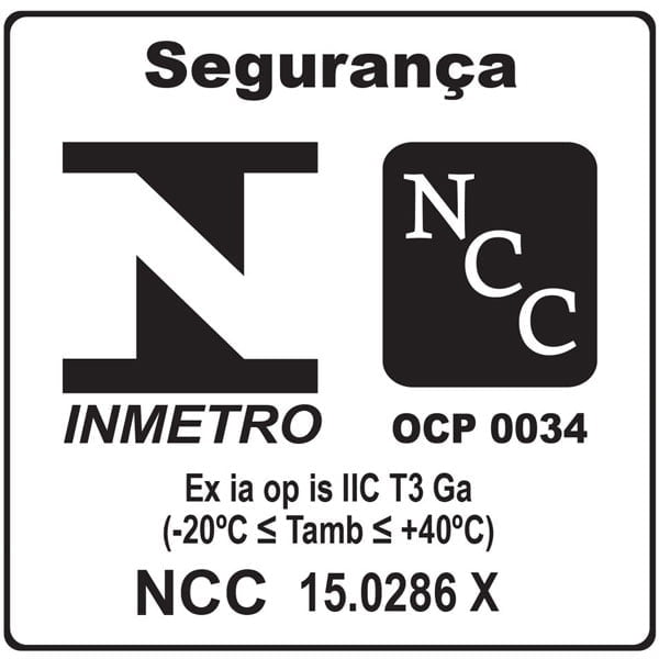 Black and white INMETRO safety certification label featuring codes, temperature range, ATEX compliance logos, and Portuguese details—ideal for products like the Nightstick XPP-5418GX Intrinsically Safe Flashlight.