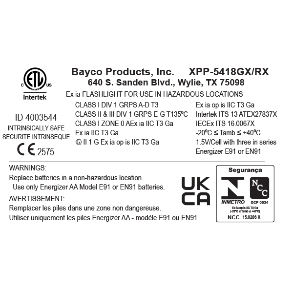 Label for Nightstick XPP-5418GX-K01 Intrinsically Safe Flashlight with Multi-Angle Mount featuring LED technology, ATEX certification, safety certifications, hazard warnings, usage instructions in English, and key regulatory symbols.