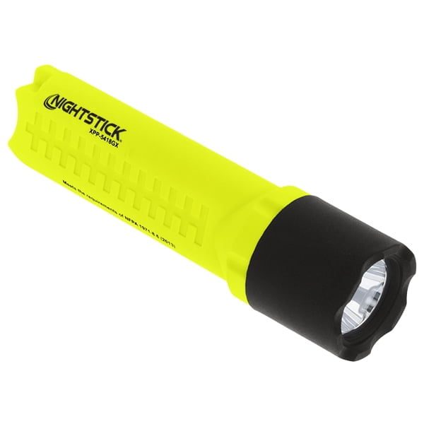 A yellow and black Nightstick XPP-5418GX-K01 Intrinsically Safe Flashlight with LED technology and multi-angle mount, featuring a textured grip and clear lens, is shown on a white background.