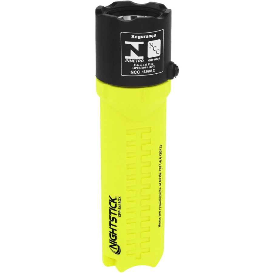 The Nightstick XPP-5418GX Intrinsically Safe Flashlight is a yellow LED flashlight with a black top, textured grip, safety certification labels, and ATEX certification for safe use in hazardous environments.