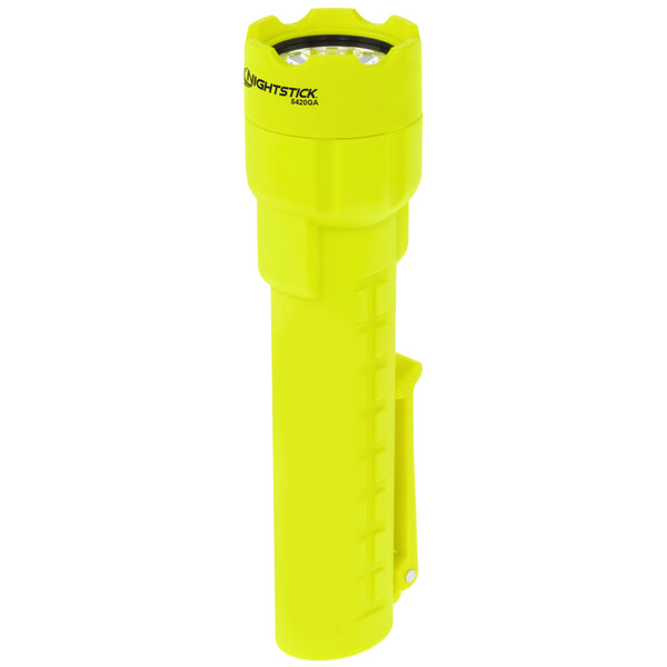 A bright yellow handheld, ATEX Zone 0 certified Nightstick XPP-5420GA torch with a side clip and an LED front bulb, branded near the head.