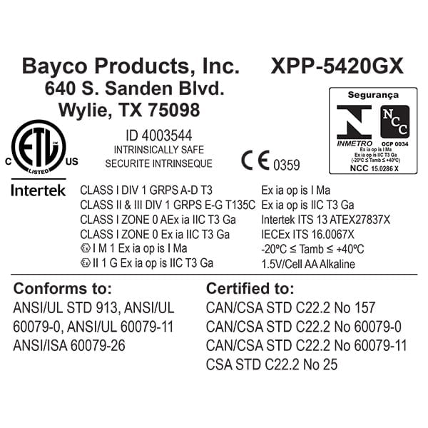 Label for Nightstick XPP-5420GX X-Series Intrinsically Safe Flashlight with company info, certification marks, safety standards, and technical specs in English and Portuguese for hazardous location use.