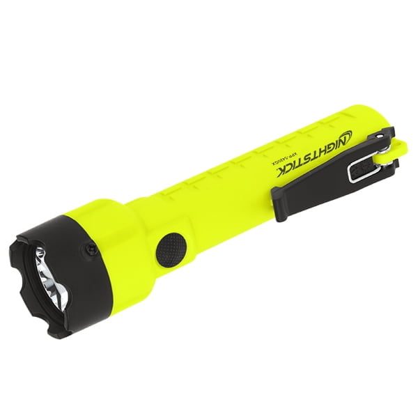 The Nightstick XPP-5420GX X-Series is a yellow handheld LED flashlight with a black head, side button, and black clip, designed for hazardous locations as an Intrinsically Safe flashlight.