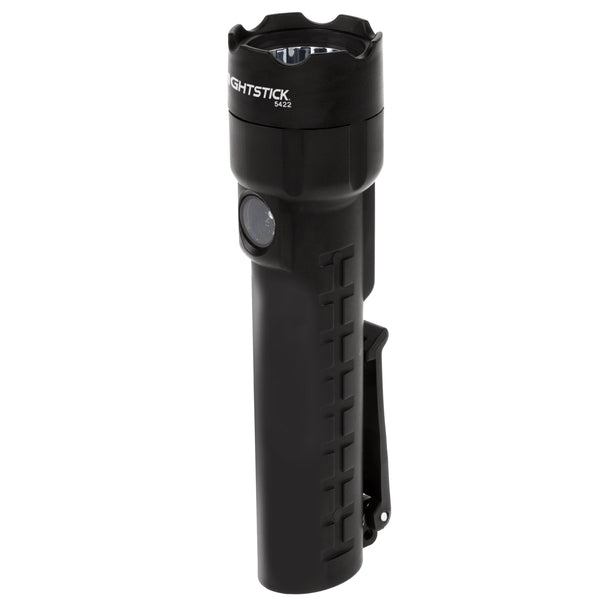 The Nightstick XPP-5422B is a black handheld Dual-Light LED flashlight with a textured grip, side button, lens label, ETLus MSHA listings, clip for carrying, and is UL-913 IS permissible.