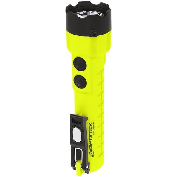 The Nightstick XPP-5422GMX X-Series Intrinsically Safe Dual-Light™ Flashlight w/ Dual Magnets is a yellow and black handheld flashlight with two black buttons, built-in clip, and is designed for hazardous locations.