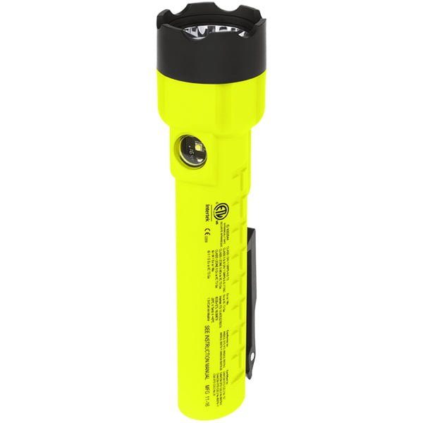 The Nightstick XPP-5422GMX X-Series Intrinsically Safe Dual-Light™ Flashlight w Dual Magnets, featuring a yellow body, black head, and side clip, is designed for hazardous locations and stands upright on a white background.