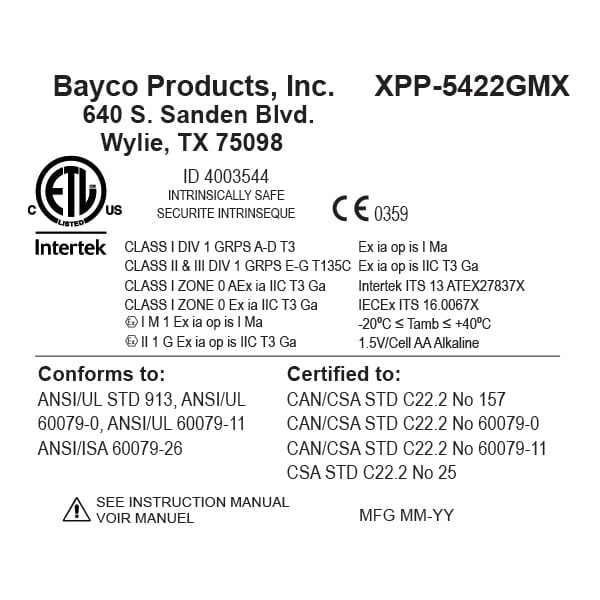 Nightstick XPP-5422GMX X-Series Intrinsically Safe Dual-Light™ Flashlight with Dual Magnets features LED dual-light technology, safety certifications, compliance standards, and technical specs for use in hazardous locations.