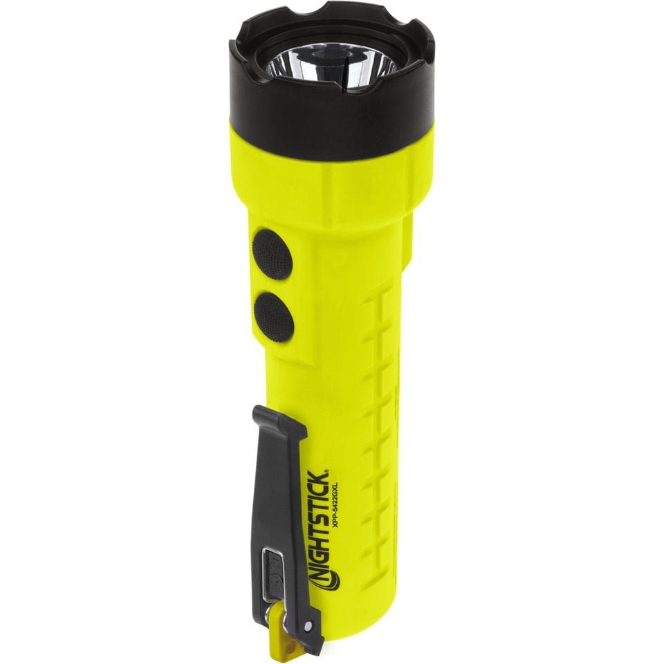 The Nightstick XPP-5422GXL Intrinsically Safe Flashlight w/Green Laser features a clip, two black buttons, and a textured grip—designed for hazardous locations.