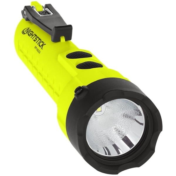 A yellow and black Nightstick XPP-5422GX X-Series Intrinsically Safe Dual-Light™ Flashlight with textured grip and side switch, shown at an angle on a white background.