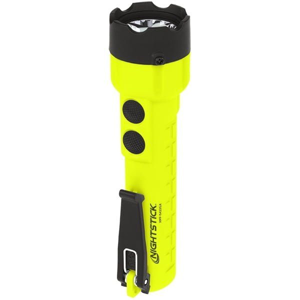The Nightstick XPP-5422GX X-Series Intrinsically Safe Dual-Light™ Flashlight in yellow and black, featuring a side clip and shown upright on a white background—ideal for hazardous locations.