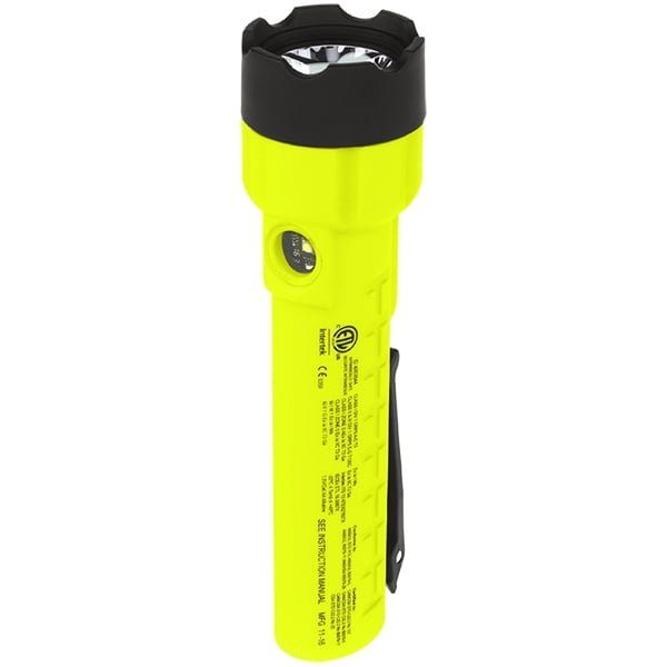 The Nightstick XPP-5422GX X-Series Intrinsically Safe Dual-Light™ Flashlight is a bright yellow flashlight with a black head and side switch, safety certifications, and product info on the body—ideal for hazardous locations.