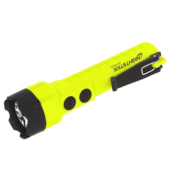 The Nightstick XPP-5422GX X-Series Intrinsically Safe Dual-Light™ Flashlight is yellow with a black bezel, two black buttons, and a black side clip—shown on white—designed for hazardous locations.