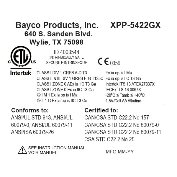 Product label for Nightstick XPP-5422GX X-Series Intrinsically Safe Dual-Light™ Flashlight, displaying certifications, Hazardous Location safety ratings, manufacturer details, power specs, and Dual-Light LED standard compliance.