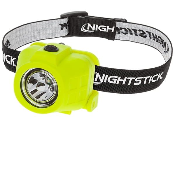 The Nightstick XPP-5452G is a yellow intrinsically safe dual-function LED headlamp with an adjustable black "Nightstick" strap and top power button, ideal for hard hat applications.