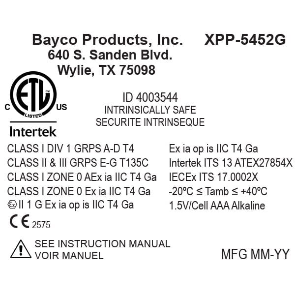 The label on the Nightstick XPP-5452G Intrinsically Safe Dual-Function Headlamp shows certifications, safety ratings, manufacturer details, model info, usage instructions, compliance marks, and temperature limits—ideal for hard hat use.