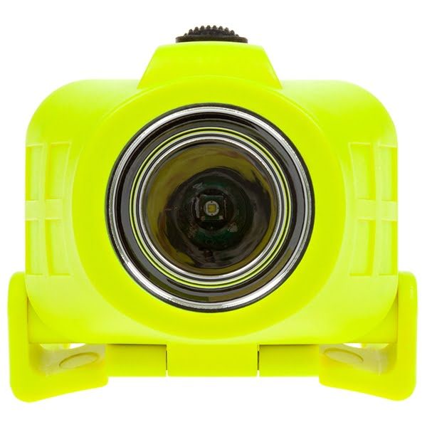 A close-up of the Nightstick XPP-5452G Intrinsically Safe Dual-Function Headlamp, a bright yellow underwater LED spotlight with a large circular lens facing forward.