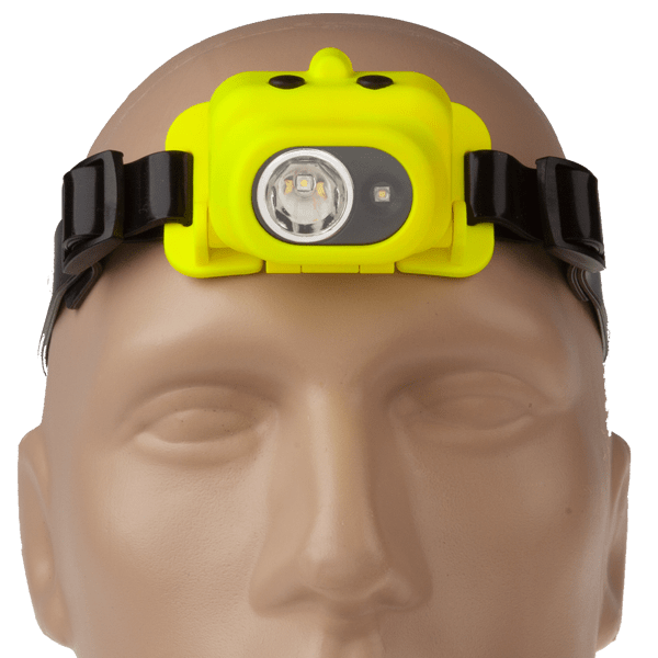 A mannequin head wears the Nightstick XPP-5454G Intrinsically Safe Multi-Function Dual-Light™ Headlamp, featuring a yellow waterproof design and a black strap.
