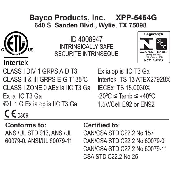 Label for Nightstick XPP-5454G Intrinsically Safe Multi-Function Dual-Light™ Headlamp, including certification marks, safety classifications, operating temperature range, and compliance standards.