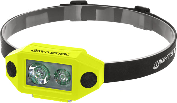 The Nightstick XPP-5460GX is a yellow, Zone 0 intrinsically safe dual-light LED headlamp with a black adjustable logo strap—ideal for fire helmets and hard hats, it delivers reliable illumination in demanding environments.