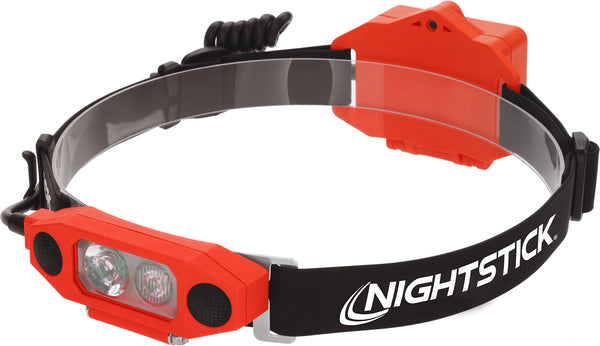 The Nightstick XPP-5462RX DICATA® IS Low-Profile Dual-Light Headlamp is a red and black fire helmet light with an adjustable strap, intrinsically safe LED front lights, and a rear battery pack for hazardous environments.