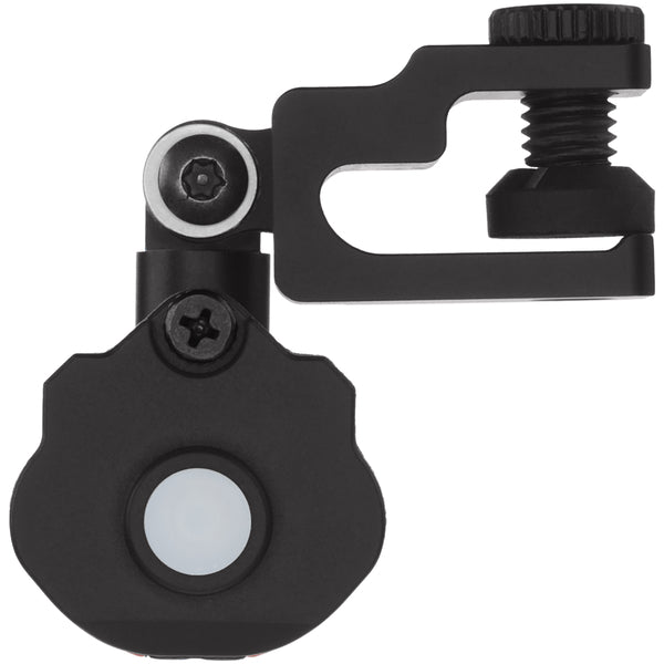 Close-up of the Nightstick XPP-5465R FORGE® IS Helmet-Mounted Multi-Function Flashlight, a compact black device with a clamp, adjustment screw, and central white circular button or sensor.