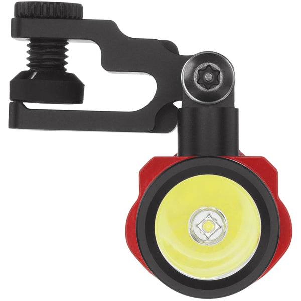 Close-up view of the Nightstick XPP-5465R FORGE® IS Helmet-Mounted Multi-Function Flashlight, a small red and black LED light with a mounting bracket on top.