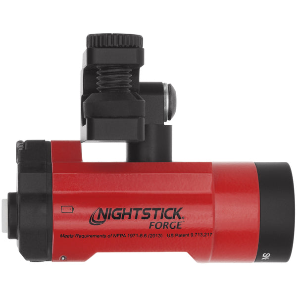 The Nightstick XPP-5465R FORGE® IS Helmet-Mounted Multi-Function Flashlight in red with black mounting hardware, shown from the side with visible labeling—an intrinsically safe option for challenging environments.