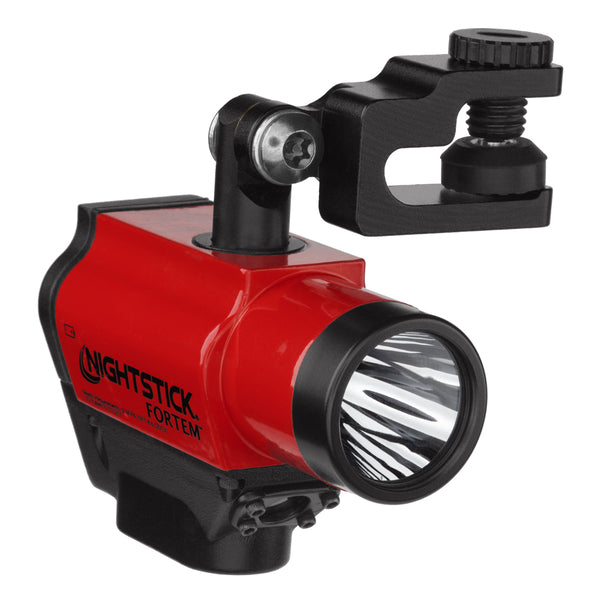 The Nightstick XPP-5466R FORTEM® IS Helmet-Mounted Dual-Light Flashlight in red comes with a black mounting bracket—an ideal helmet flashlight designed to enhance firefighter safety.