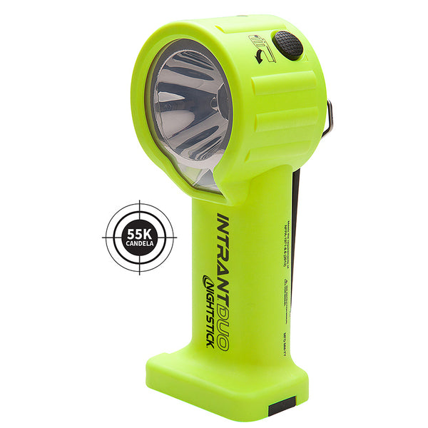A yellow Nightstick XPP-5564GX INTRANT® DUO TURBO IS Dual-Light Angle Light stands upright, showing its front lens and top button, with "55K Candela" displayed in a target graphic nearby.