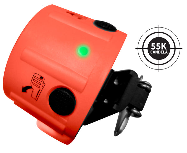 An orange Nightstick XPP-5564RX INTRANT® DUO TURBO IS Dual-Light Angle Light with a green indicator, black clip, hand-turn symbol, and a “55K Candela” target icon. ATEX Certified for Zone 0/20. Uses 4 AA batteries.