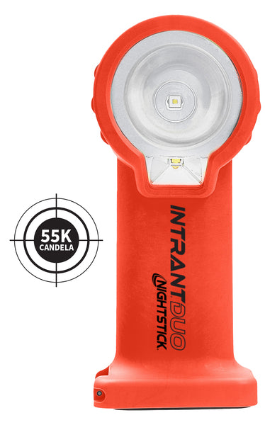 Front view of the orange Nightstick XPP-5564RX INTRANT® DUO TURBO IS Dual-Light Angle Light (ATEX Zone 0/20, 55,000 candela) with LED dual-light technology shown next to the device.