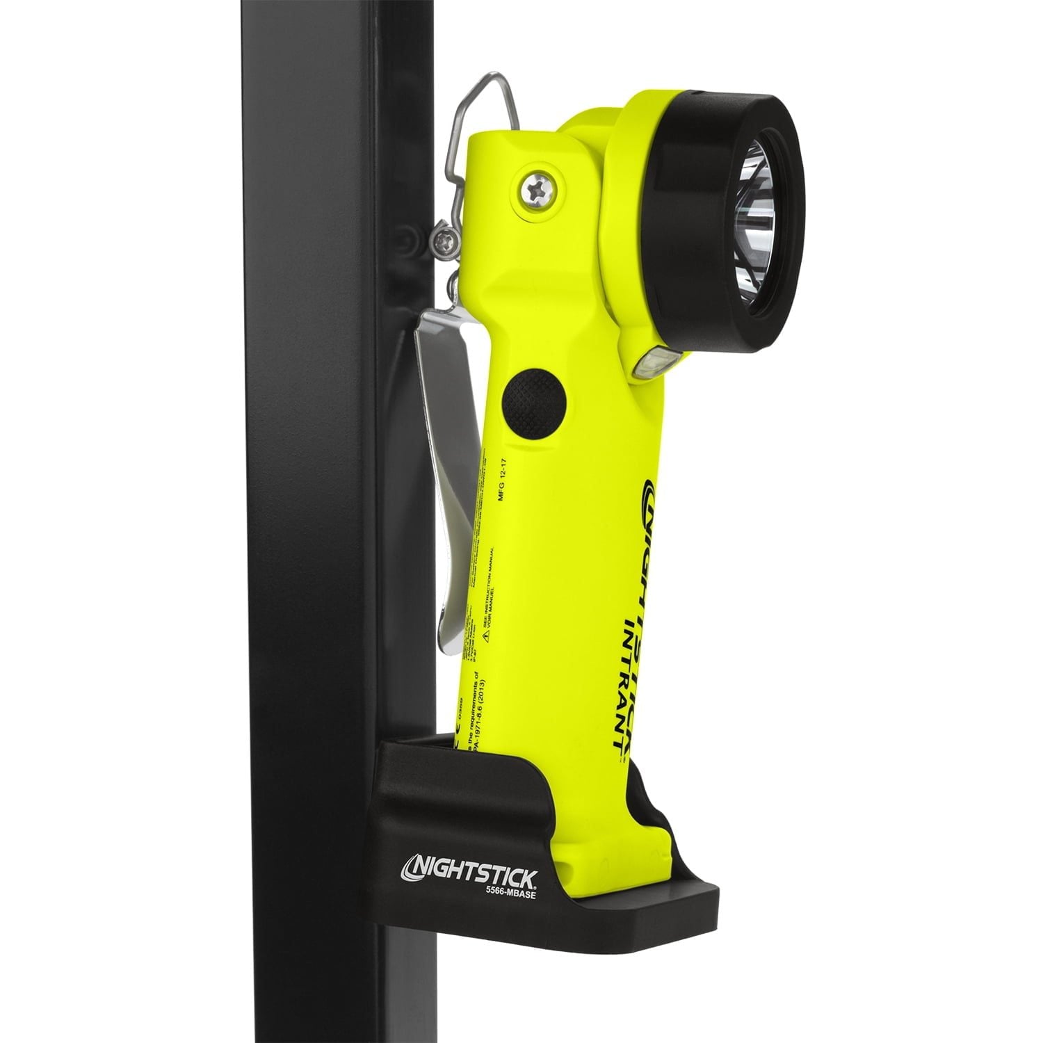 A yellow Nightstick XPP-5566GX INTRANT® Intrinsically Safe Dual-Light™ Angle Light - 3 AA is mounted on a black vertical stand using its black charging base.