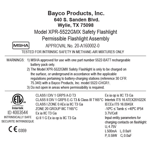 A safety certification label for the Nightstick XPR-5522GMX Intrinsically Safe Rechargeable Dual-Light™ Flashlight with Dual Magnets displays warnings, approval codes, and technical specs in black text on a white background.