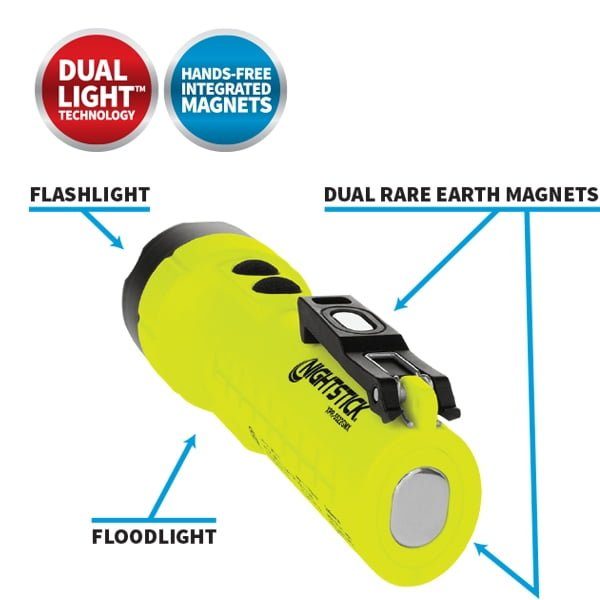 The Nightstick XPR-5522GMX Intrinsically Safe Rechargeable Dual-Light™ Flashlight features labeled flashlight, floodlight, dual rare earth magnets for hands-free use, and dual-light technology.