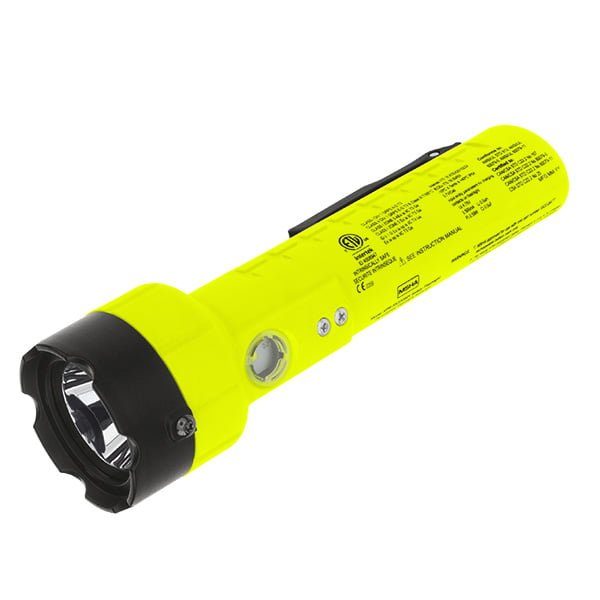 The Nightstick XPR-5522GMX is a yellow handheld, intrinsically safe, rechargeable Dual-Light™ flashlight with a black bezel, side button, dual magnets, and features printed text and certification marks on the body.